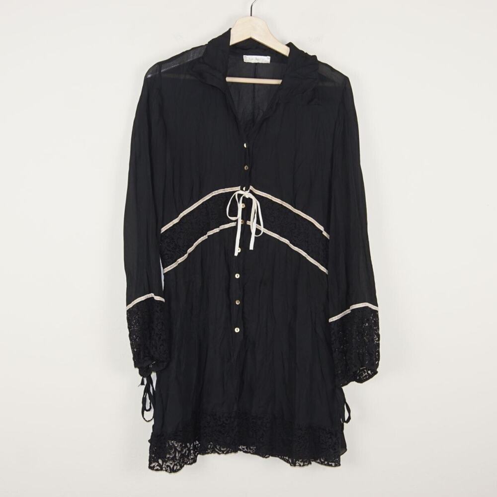 Elisa Cavaletti Semi Sheer Lace Trim Button Tunic Top Womens Sz L